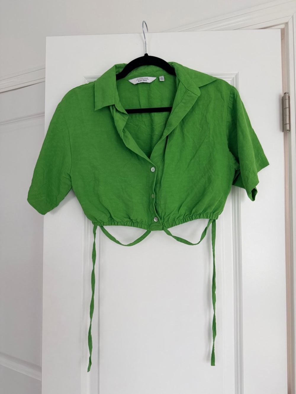 & Other Stories Bright Green Linen Blend Cropped Tie-Front Top